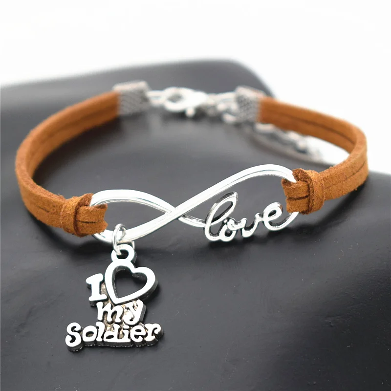 Модные Винтажные антикварные Очаровательные кожаные браслеты I Love My Soldier Infinity для