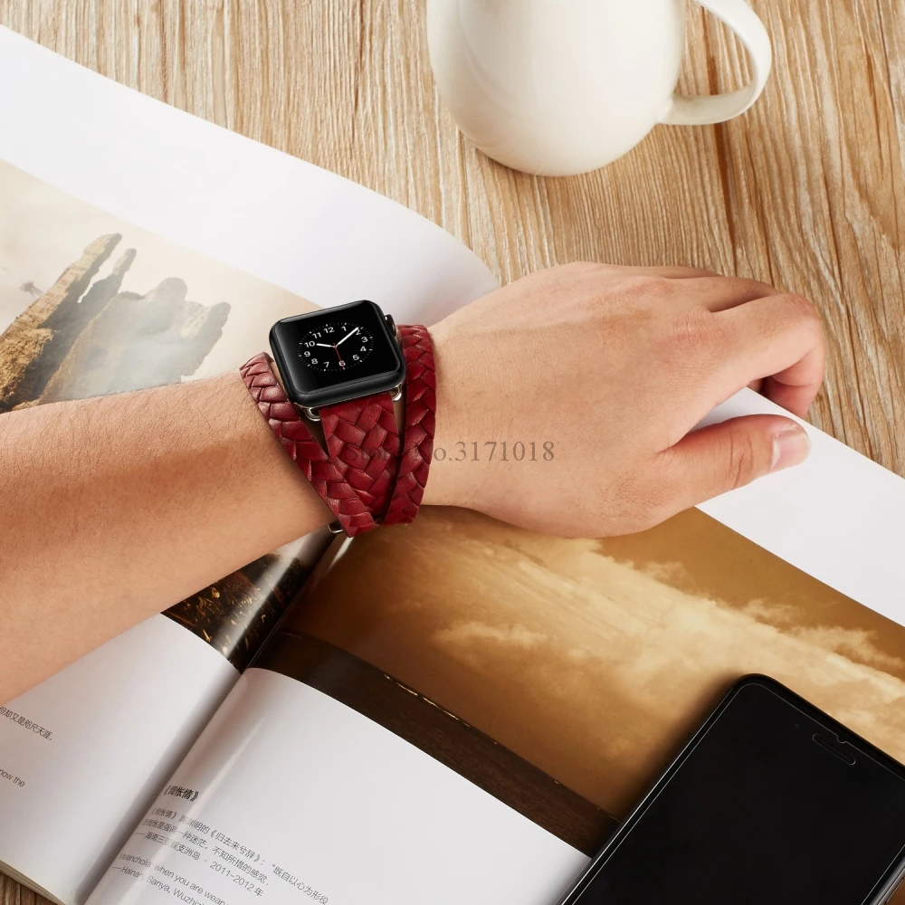 Новый плетеный кожаный ремешок с двойной пряжкой для Apple Watch 38 мм 42 44 часов серии 4 3