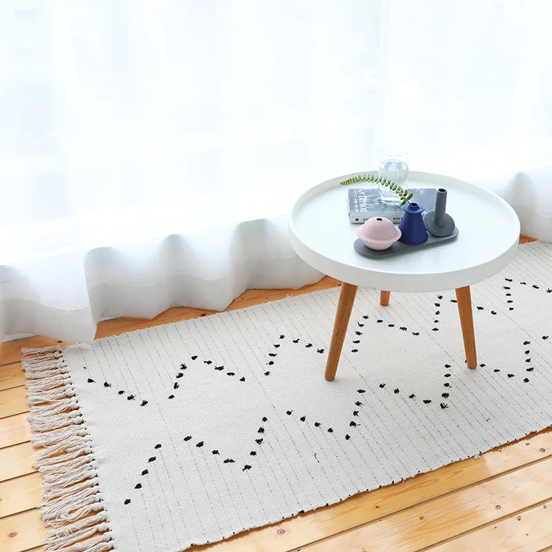 nordic pastoral style hand woven cotton yarn tassels carpet japanese white small area rug retro boho living room antiskid mat free global shipping