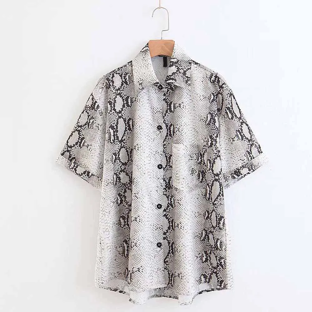 FIRSTTO/Модная однобортная блуза со змеиным принтом и отложным воротником рубашка с