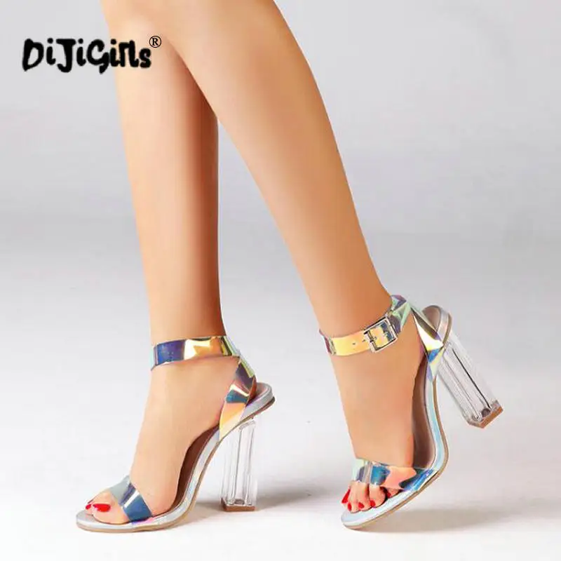 Perspex Transparent Chunky Heels Sandals Colorful PVC Strappy Sweet Patchwork Wedding Shoes Banquet Pumps Drop Shipping | Обувь