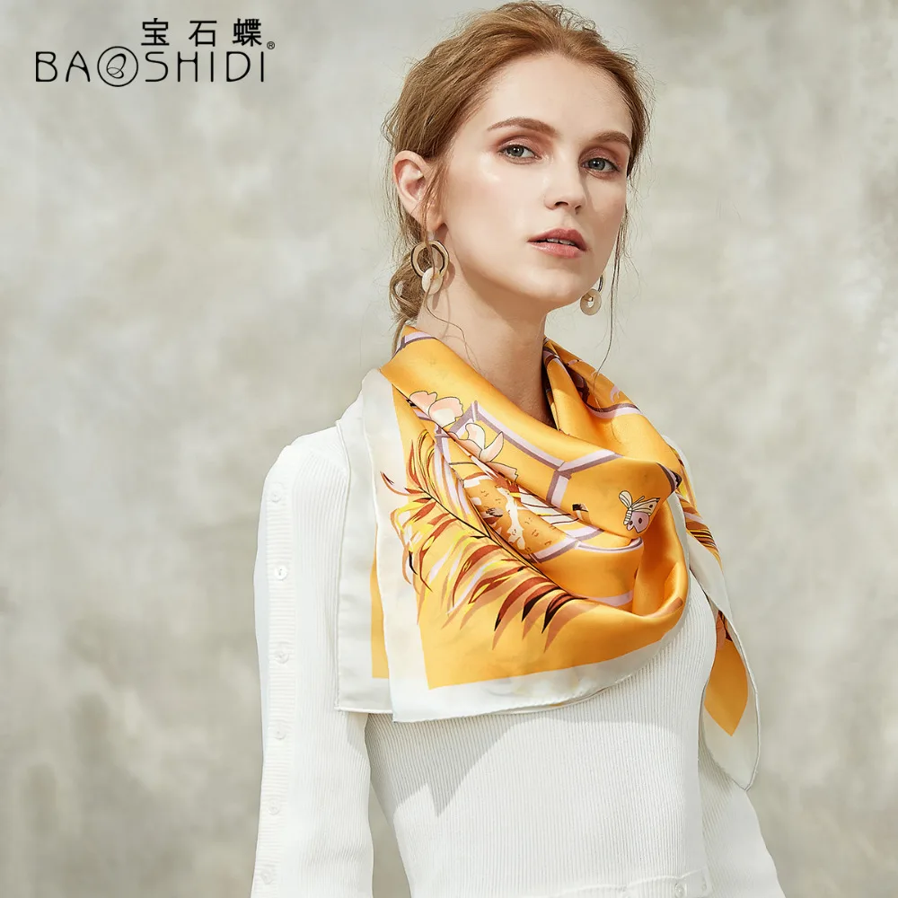 BAOSHIDI осень, атласные шелковые квадратные шарфы, роскошный брендовый шарф оригинального дизайна, элегантный шёлковый женский платок, подарок для женщин