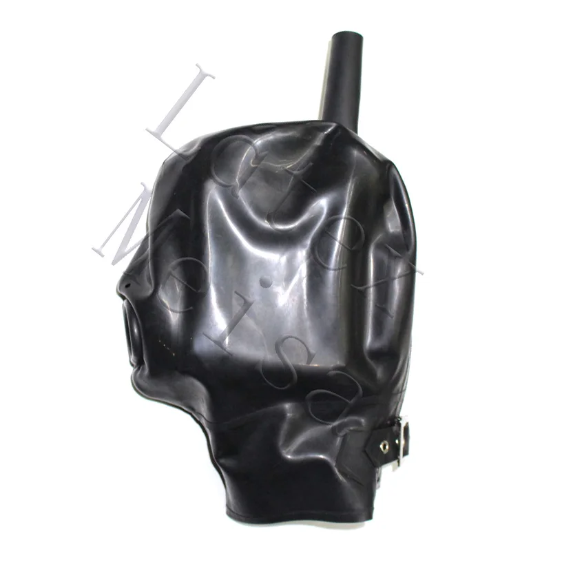 Novelty hair holes and rolling mouth design black latex catsuit mask open nostrils and mouth in solid black color