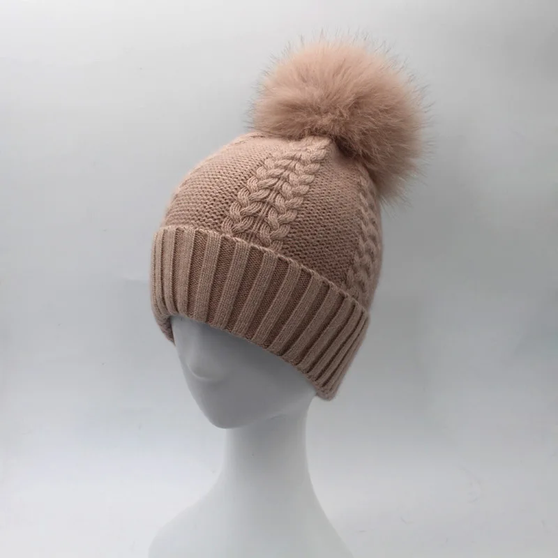 Женские шерстяные шапки Skullies шапочки 15 см с помпоном из лисьего меха женские