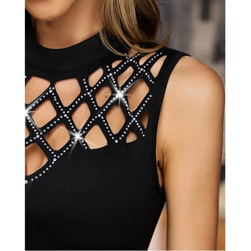 

Women Summer Sleeveless O Neck Sexy Hollow Out Beading Vestidos Party Dress Female Black Casual Streetwear Elegant Dress SJ3540M