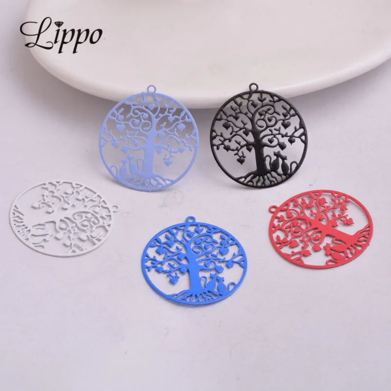 

50pcs AC7380 Colorful Brass Painted Charms Life of Tree And Cats Charm Silver Color Plant Pendants DIY Earrings Findings