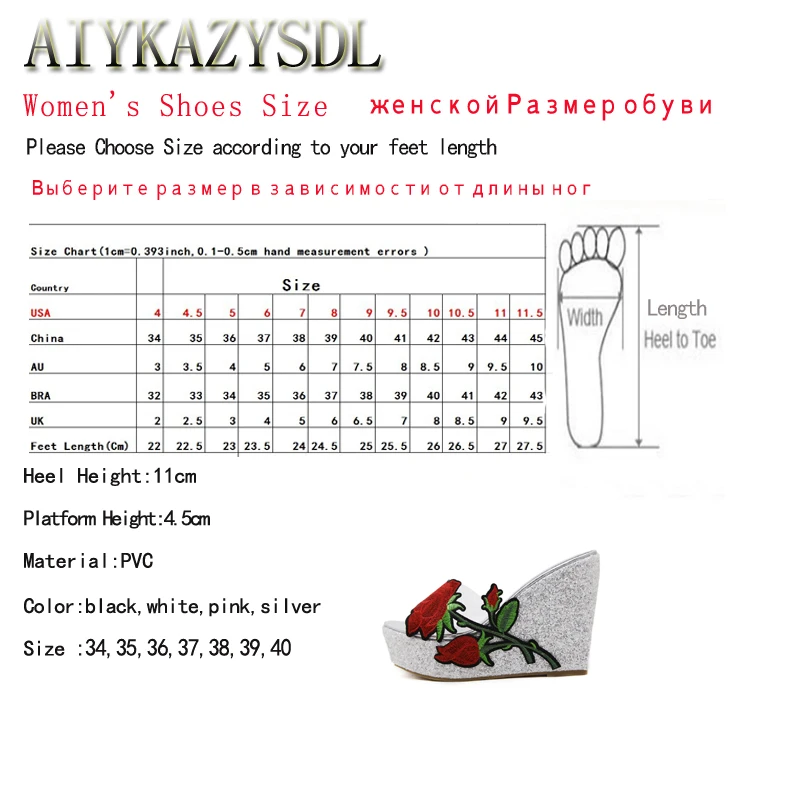 

AIYKAZYSDL Women Bohemian Clear Sandals Embroidered Flower High Heels Thick Wedge Heels Muffin Slippers Platform Bling Shoes