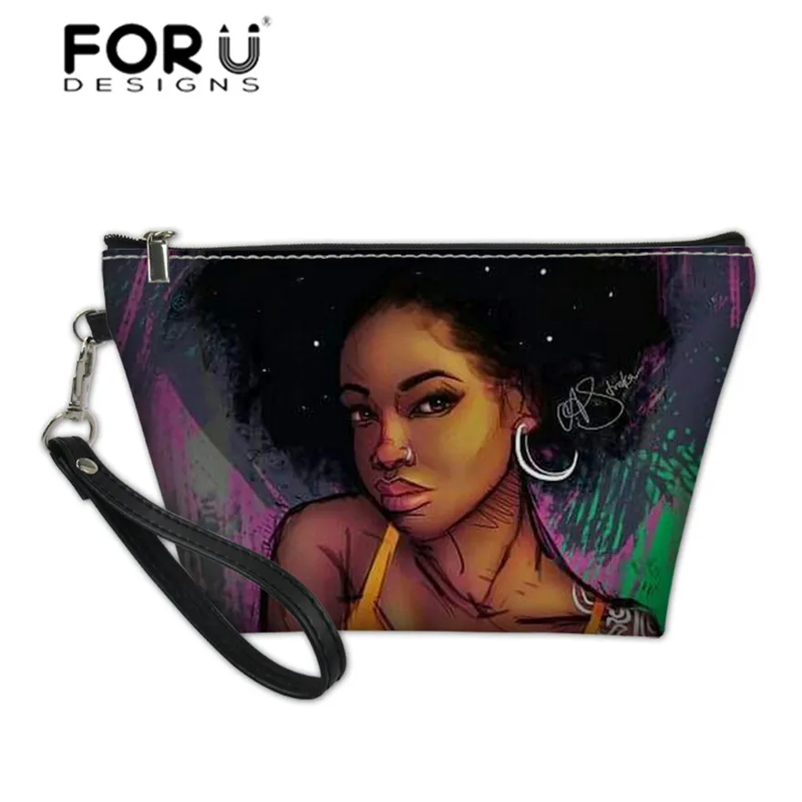 FORUDESIGNS художественные черные косметички с Африканской девушкой женские дорожные