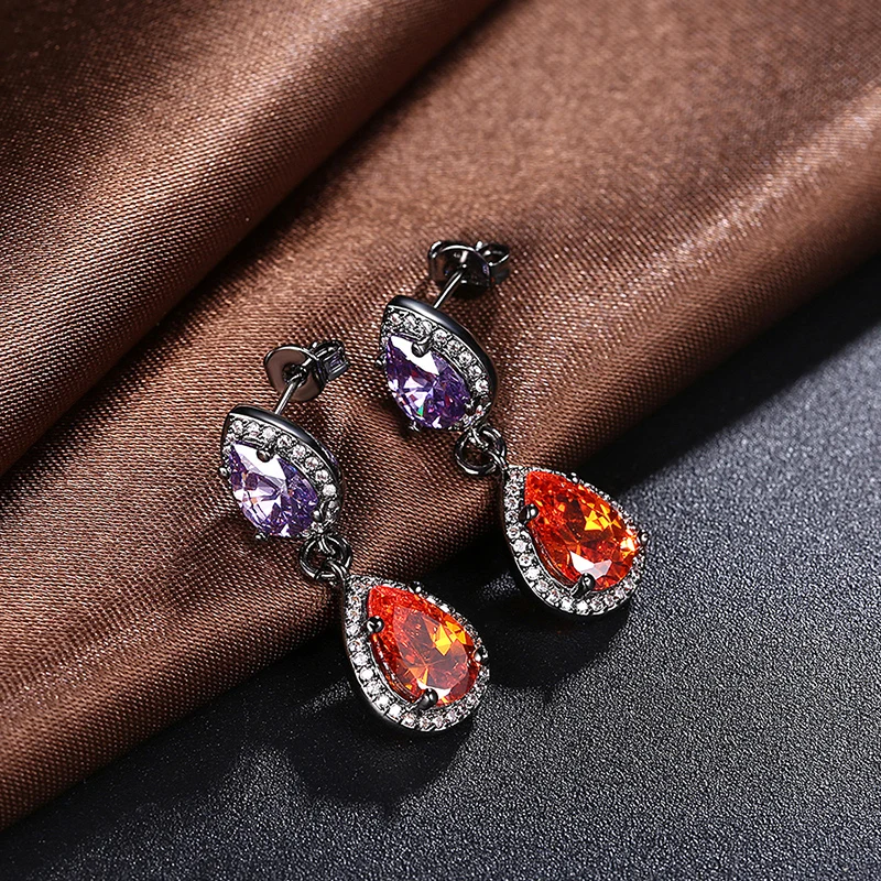 Женские серьги с двойными каплями блестящие черным золотом фиолетовым и красным