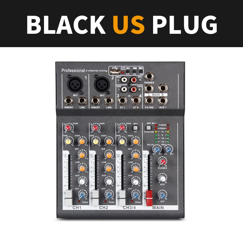 Black-US Plug Высокое качество! Дебра F4 4-х канальный портативный аудио DJ микшер музыкальный пульт с XLR Bluetooth USB 48В - Цвет: Black-US Plug