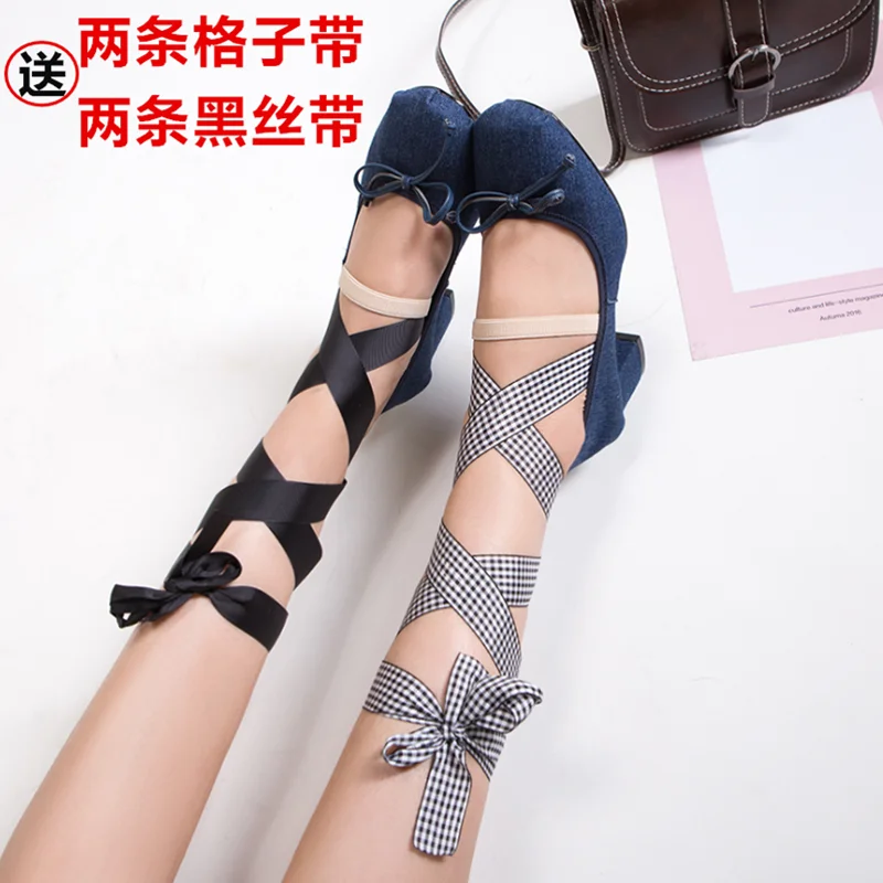 Мода Джинсовой Ткани (Синий)/Натуральная Кожа (Черный)-Бабочка-узел женская обувь