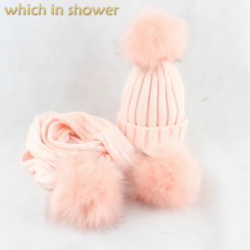 Детская зимняя шапка и шарф с помпоном из искусственного лисьего меха наборы