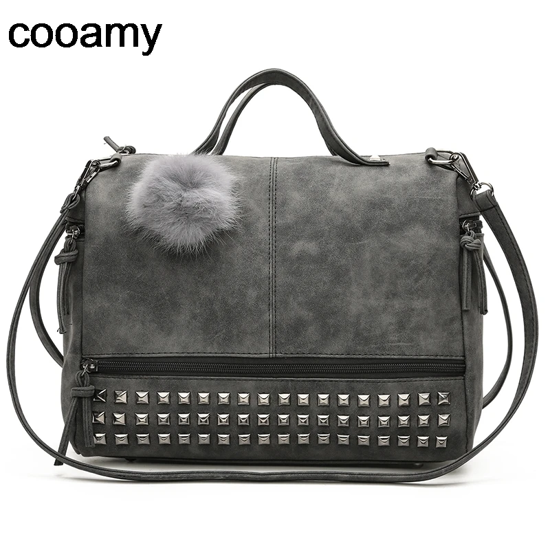 

Fur Ball Women Handbag High Quality PU Leather Rivets Crossbody Bags Fashion female Messenger Bags Scrub Shoulder Bag For Ladies