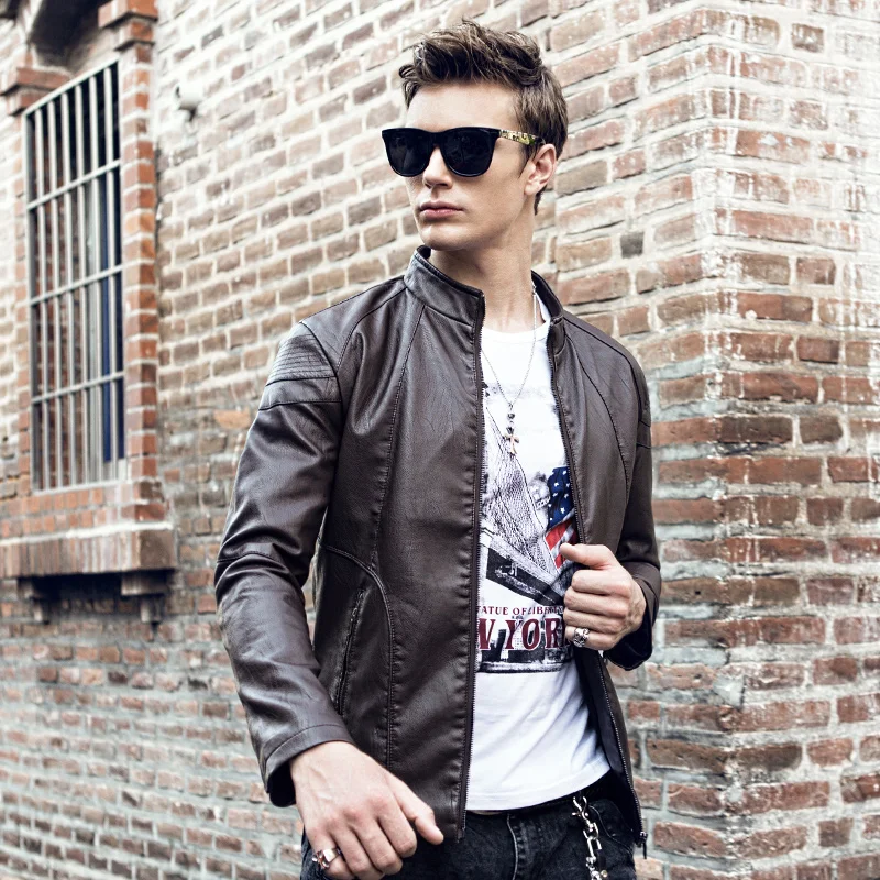 кожаная куртка Slim Fit Искусственного мужская PU мото Черный Основные Vintage пиджак