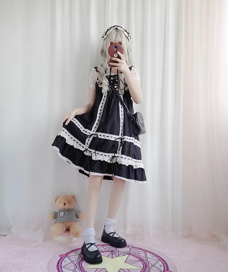 Платье в стиле Лолиты; милое платье в японском стиле Kawaii для девочек; платье принцессы; винтажная Детская кукла; кружевное платье; цвет красный, зеленый, черный; женская летняя юбка с бантом