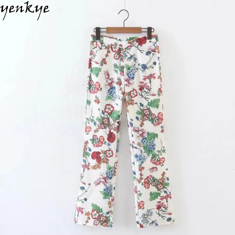 Европейский стиль Брюки с цветочным рисунком Женская Повседневная и пуговицы