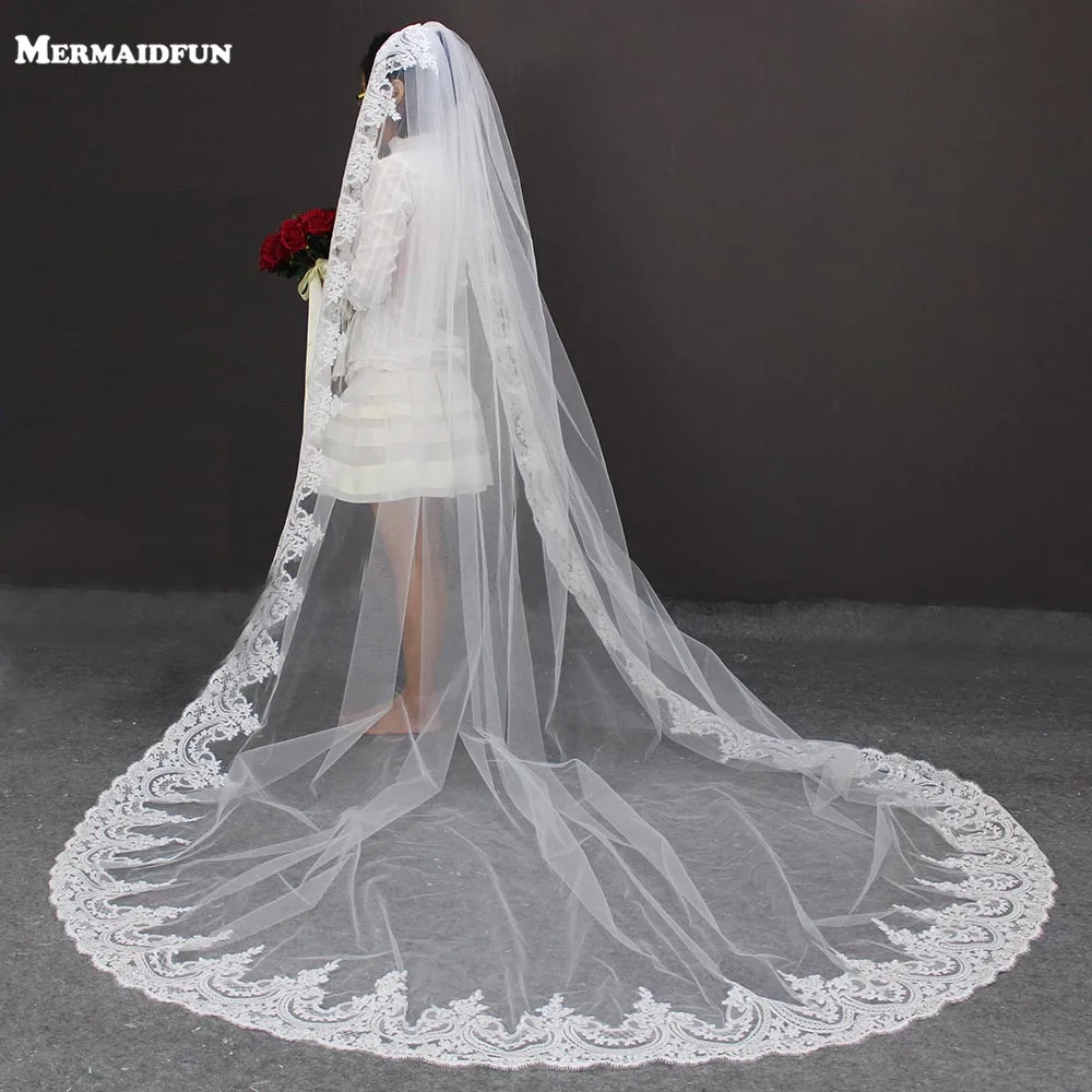 Длина 3 м ширина винтажная вуаль для венчания с гребнем Длинные Кружевные