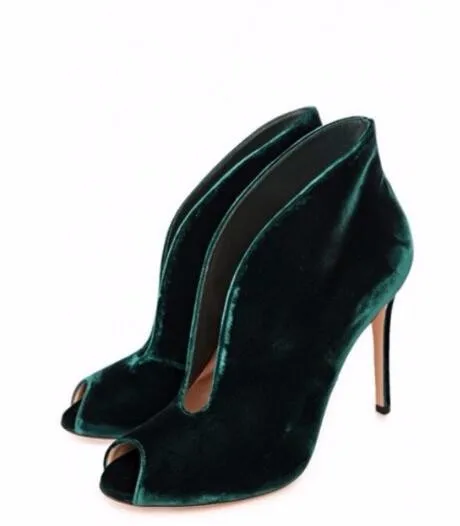 

New fashion sexy open toe ankle boots green velvet thin heels boots 2017 woman high heel boots peep toe cut-outs boots