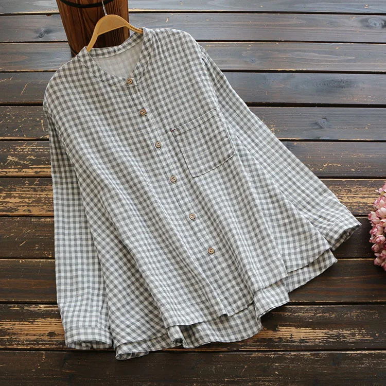 gray 5629 Весенняя женская блузка в японском стиле mori girl, простые клетчатые топы со стоячим воротником, хлопковая рубашка с карманами, повседневная женская рубашка с длинным рукавом - Цвет: gray