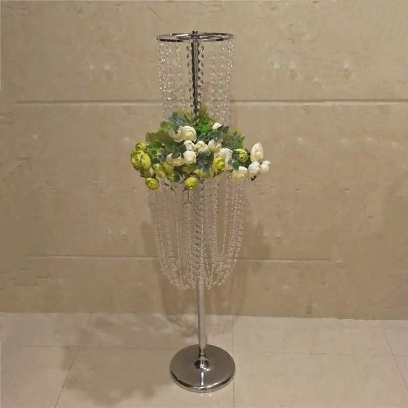 

120cm Tall Metal Gold Flower Stand with bead strands Wedding road leads aisle crystal stands 10 pcs/lot
