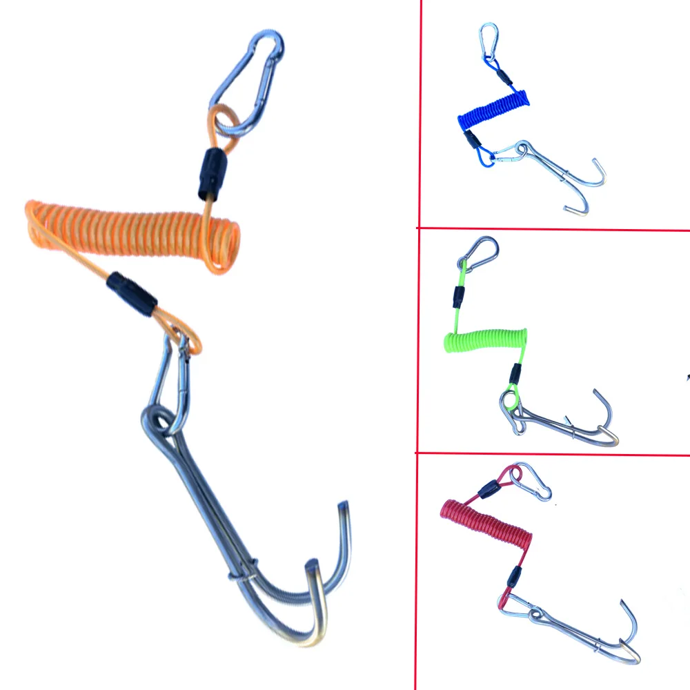 Stainless Steel Scuba Diving Double Reef Drift Hook 1.8M Spiral Coil Strap Cord SS Current Hook