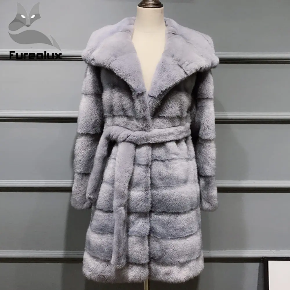 Новое поступление 2019 роскошное серое пальто Furealux из меха норки с капюшоном для