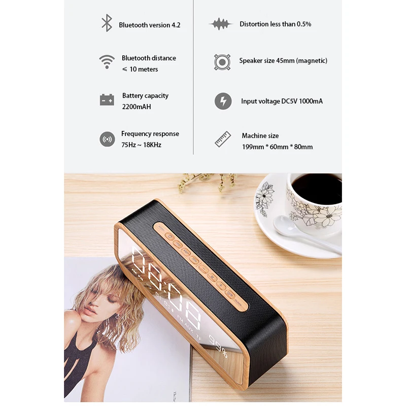 AUX плеер с tf-картой FM радио беспроводной Bluetooth 4,2 Двойная акустическая система цифровой Настольный светодиодный Будильник fm-радио цифровые часы