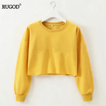 RUGOD летний женский короткий топ, футболка с круглым вырезом и длинными рукавами, однотонная Спортивная модная свободная стильная повседневная рубашка - Цвет: Золотой