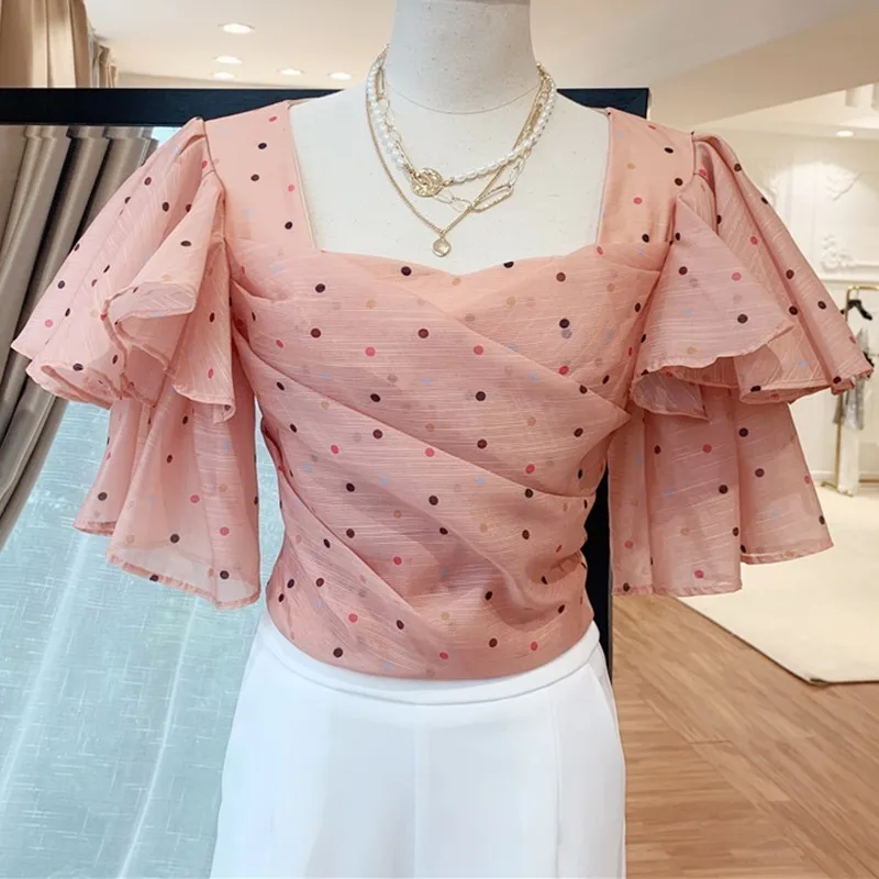 pink TWOTWINSTYLE, сексуальная женская блузка в горошек, квадратный воротник, оборки, рукав-фонарик, тонкий шифон, топы, рубашка, Женская мода, лето - Цвет: pink