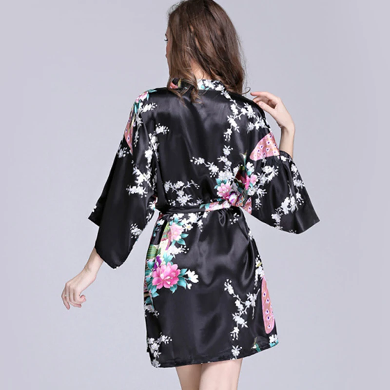 2016 Летнее шелковое кимоно халат женский Атласный Longue Femme с принтом павлина одежда