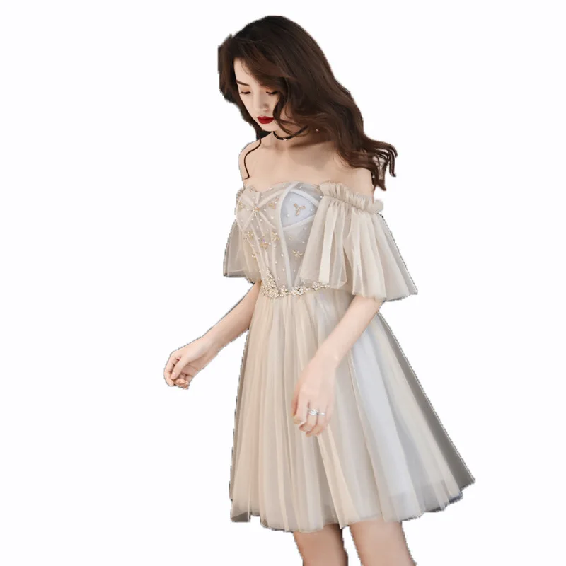 

Rhinestone Exquisite Women Mesh Dress Elegant Bride Wedding Party Cheongsam Flare Sleeve Retro Gown Off Shoulder Robe De Soiree