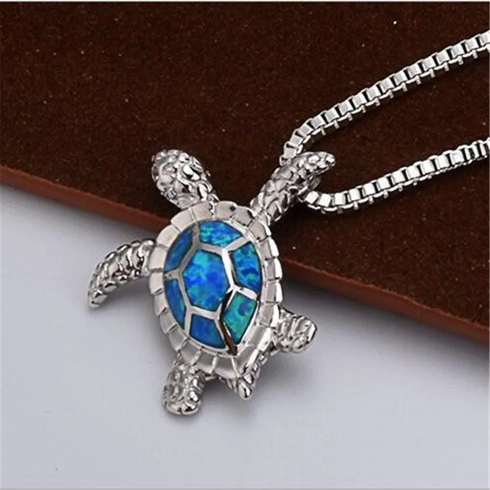 

925 Sterling Silver Color Natural Blue Australian Opal Sea Turtle Pendant Necklace 18" Birthstone Jewelry for Women