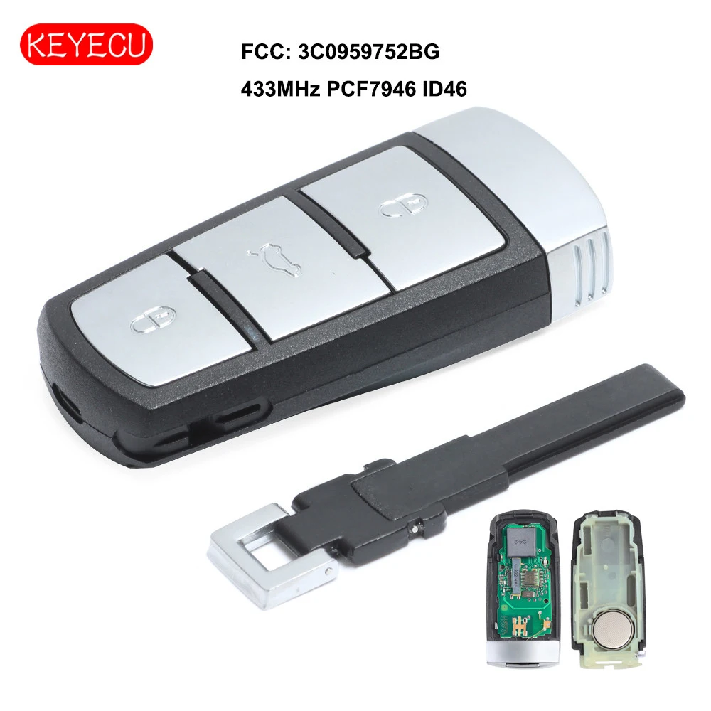 Умный дистанционный ключ брелок от машины Keyecu 3 кнопки 433 МГц PCF7946 ID46 для VW Volkswagen