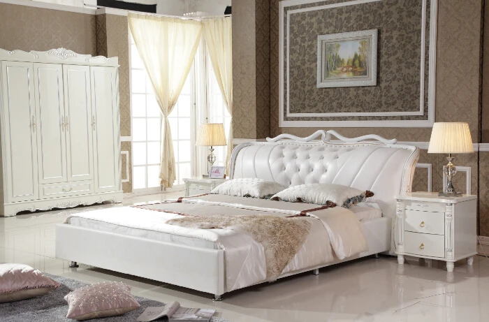 King size белая синтетическая кожа кровати с 4 двери шкаф и 2 тумбочки для bedroom PRF2807|leather