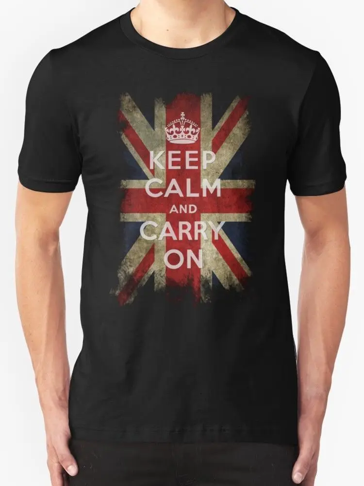 Винтажная Мужская Футболка Keep Calm and Carry on And Union Jack Flag черная модная мужская