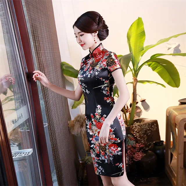 black B Новое поступление синий китайский женский Шелковый rayou Холтер Cheongsam Мини Qipao платье Peafowl Размер s m l xl XXL D0027 - Цвет: black B
