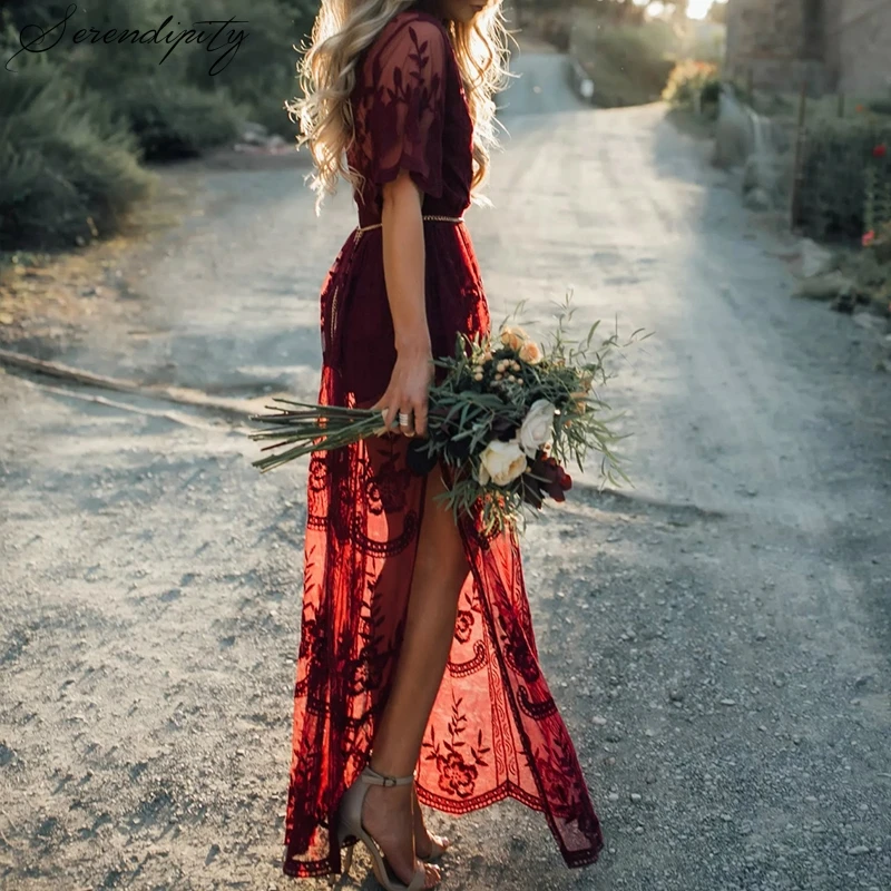 SRDP женское длинное Кружевное Платье макси с глубоким v-образным вырезом коротким