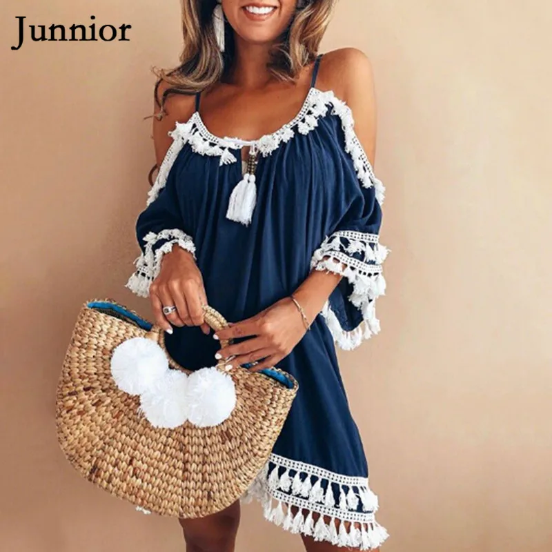 Junnior Summer Fashion Strap Ladies Dress Off The Shoulder Dresses Women Batwing Sleeve Loose Tassel Femme Vestidos | Женская одежда
