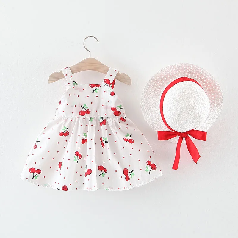 Летнее пляжное платье-пачка на бретельках с бантом и принтом вишни для маленьких