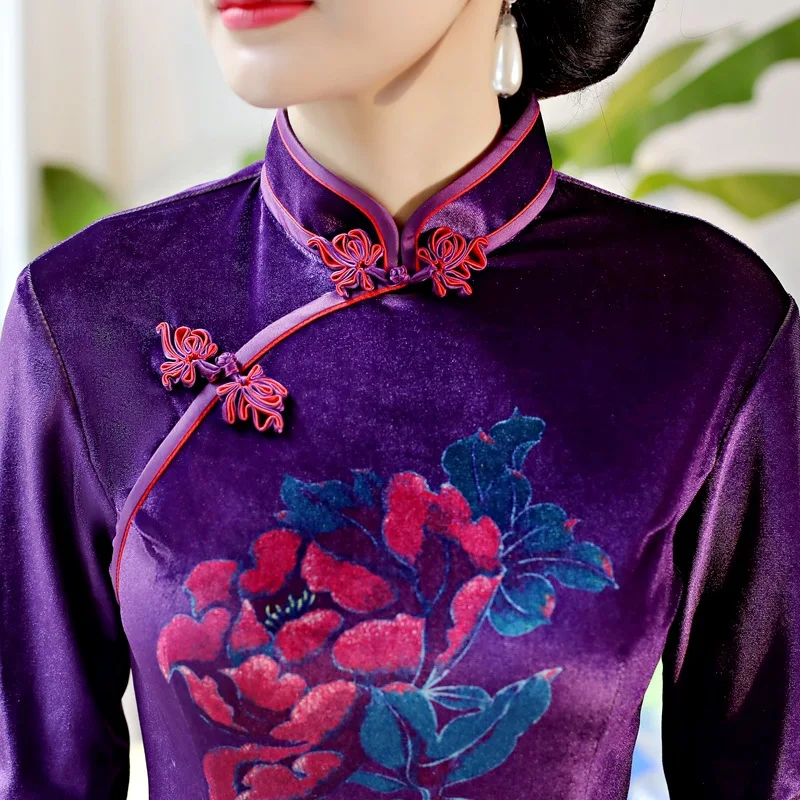 2018 Стильное женское велюровое платье Cheongsam весеннее длинное в китайском стиле с