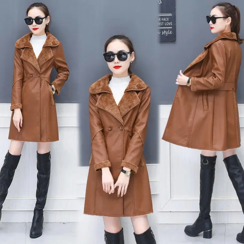 Женское пальто из искусственной кожи Толстая теплая приталенная длинная