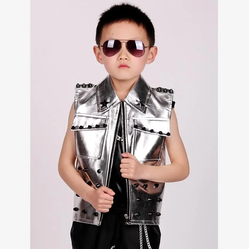 Silver vest Блестящая куртка в стиле хип-хоп для мальчиков, кожаный жилет с заклепками, Детская верхняя одежда, жилет для танцев, Modis, детская одежда, Y1238 - Цвет: Silver vest