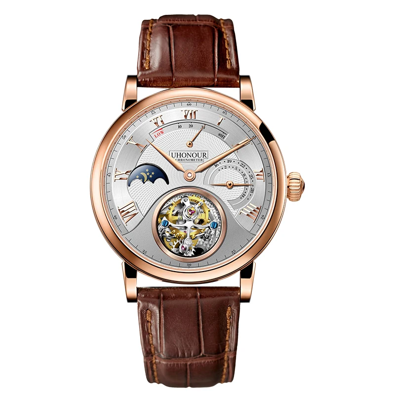 Rose Gold Brown Роскошные швейцарские механические часы, мужские настоящие турбийон ST8007, мужские наручные часы с Т-образным вырезом, календарь, Reloj de hombre - Цвет: Rose Gold Brown