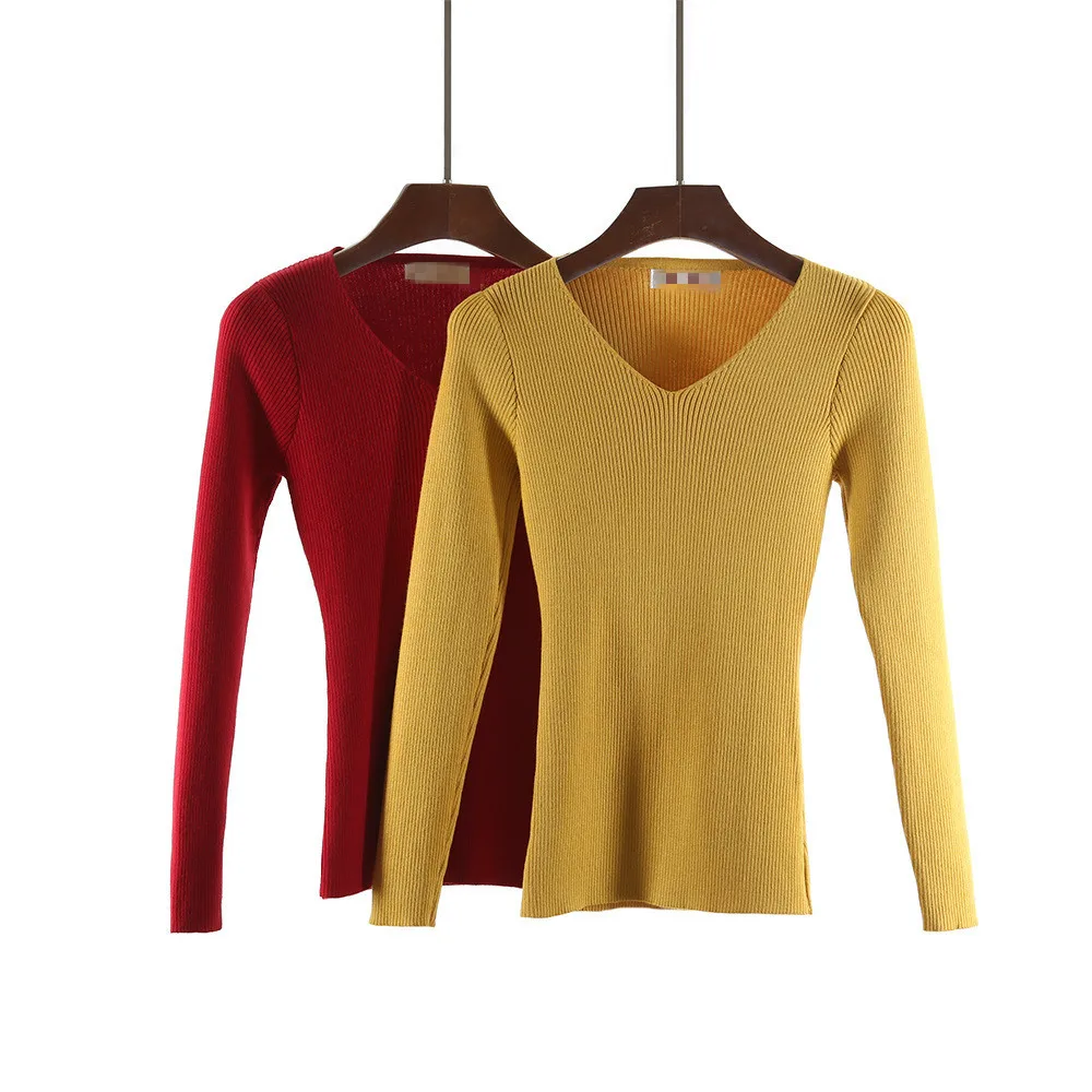 Sosaeg Winter Autumn 2018 New Fashion Women's Sweater Tight Elasticity Knitted V Neck Long Sleeve Thin Tops pullover | Женская