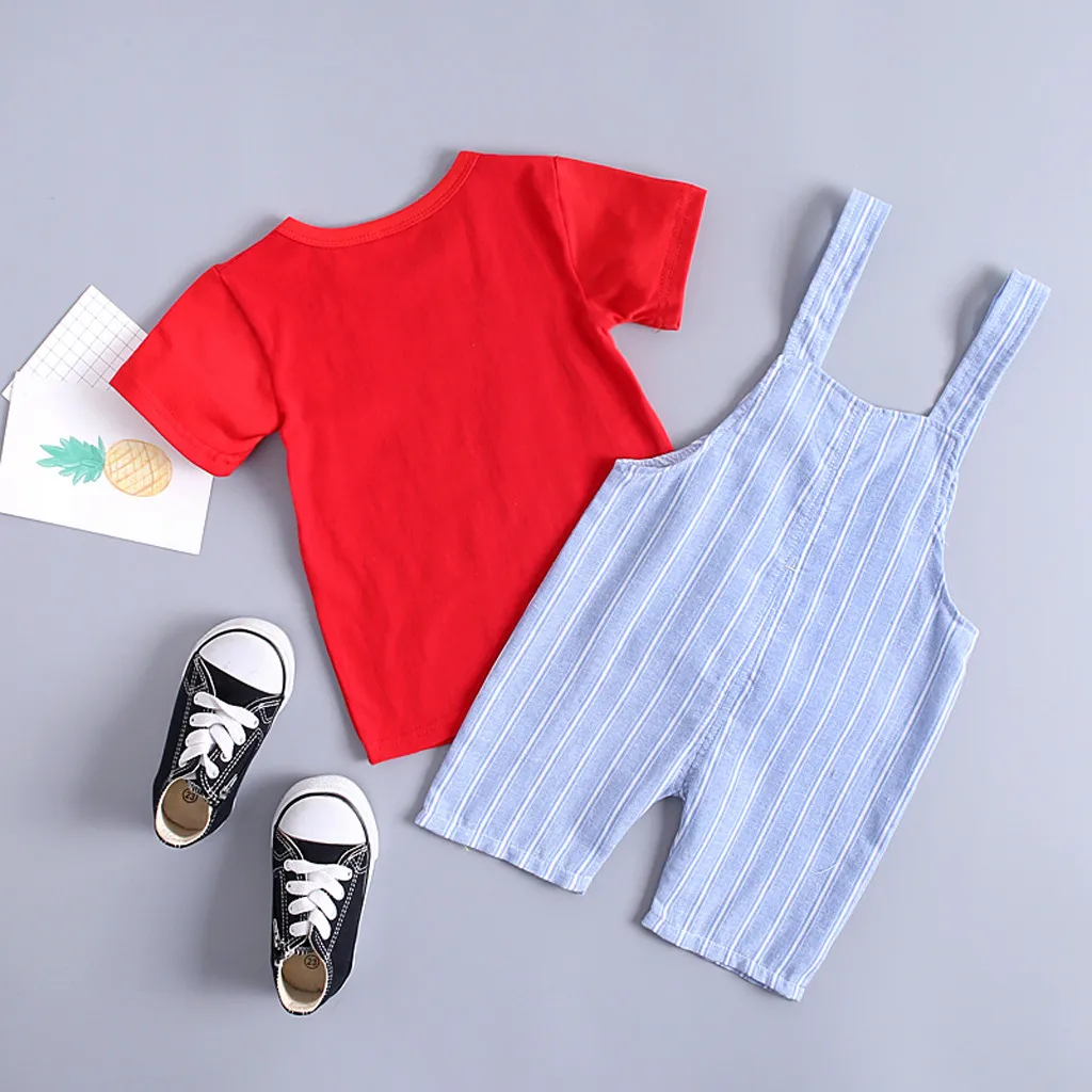 Summer Kids Baby Girl kid boy clothing set Cartton Print Tops T Shirt Overall Striped Pants Outfits Bebek giyim infantil #EW | Детская