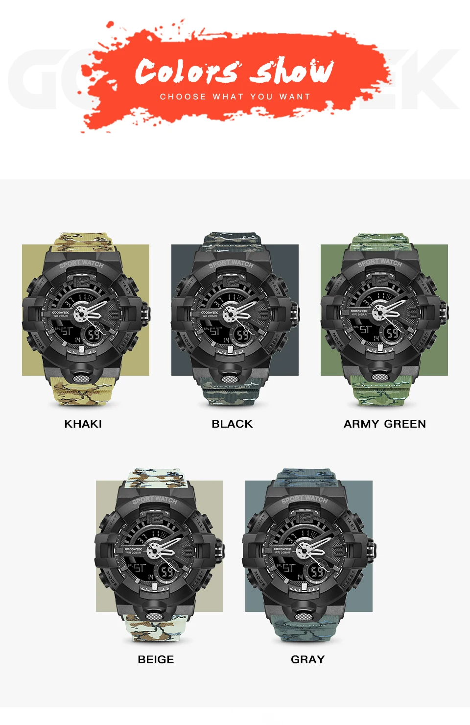 GOODWEEK Men Sport Watch Camouflage S Shock Military Watches Waterproof Multi-functional Dual Display Watches Relogio Masculino