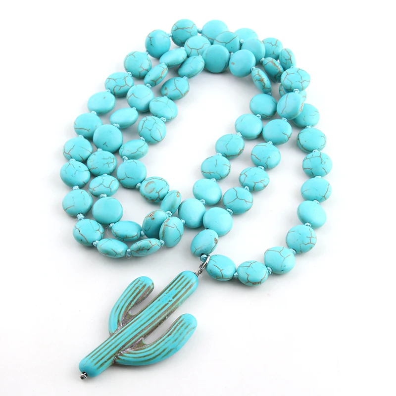 Модное ожерелье с узелком из белого и бирюзового кактуса этническое богемное