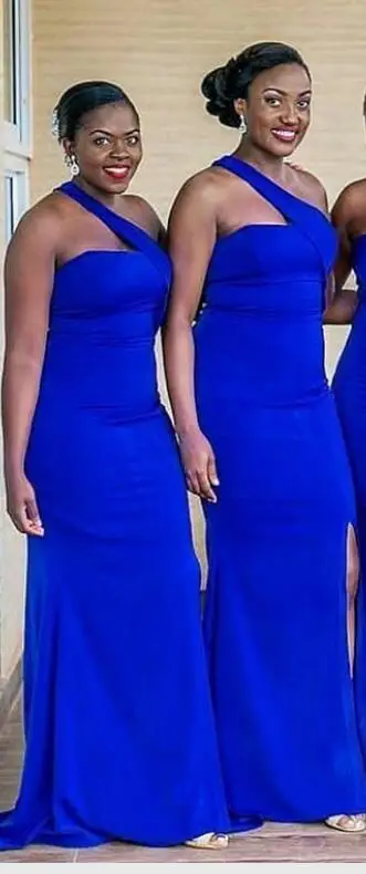 Royal blue Одно плечо синее Королевское для подружки невесты платье эластичный атлас длинное платье для свадебных платьев простая Передняя Разделение Vestidos De Dama De Honra - Цвет: Royal blue