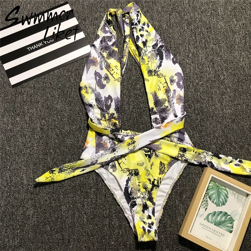 Бразильский Леопардовый желтый купальник женский монокини с хомутом