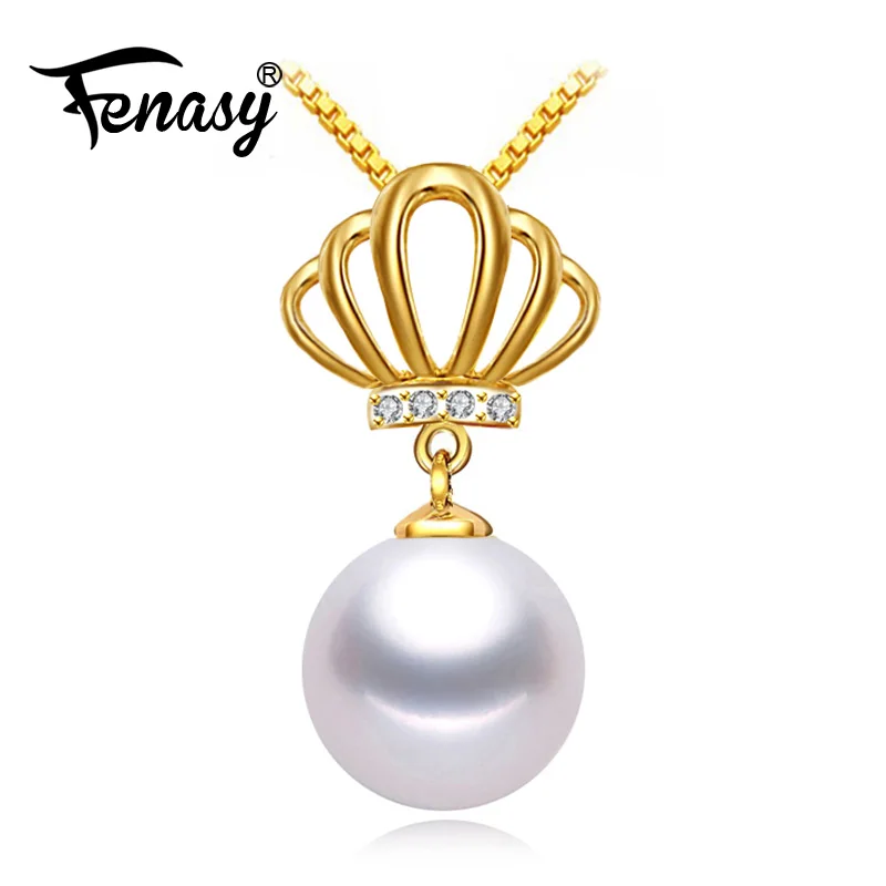 

FENASY 18K Yellow Gold Crown pendant pearl necklace women pearl Jewelry chain necklace,send with 925 Silver necklace